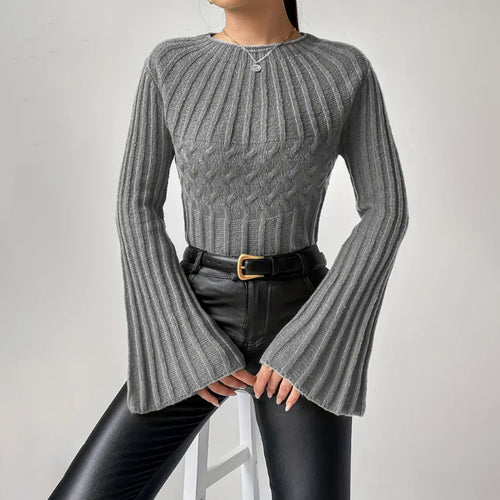 Damen Strickpullover mit weitem Ärmel und Zopfmuster EB
