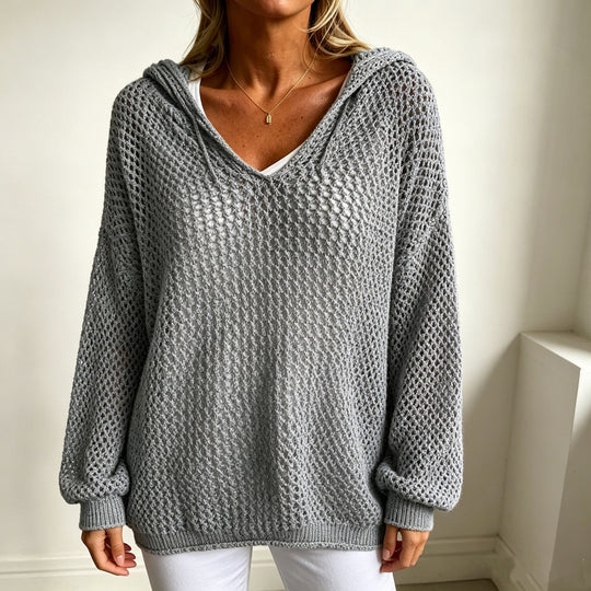 Damen Grobgestrickter V-Ausschnitt-Pullover mit Kapuze und Lochmuster EB