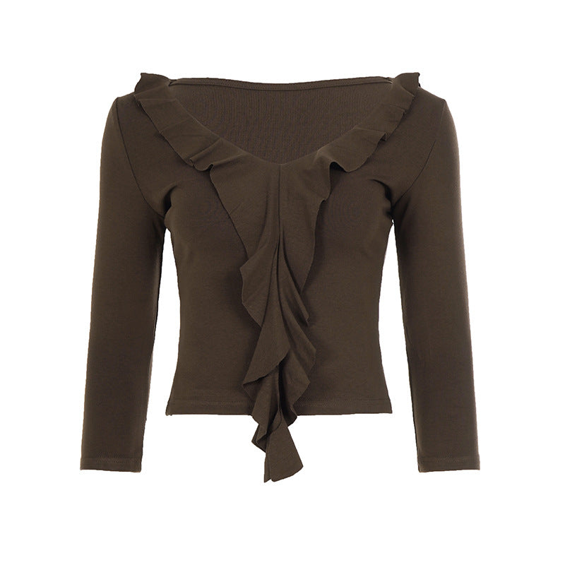 Damen nan tailliertes Langarmshirt mit tiefem V-Ausschnitt und eingesetzter Volant-Rüsche EB