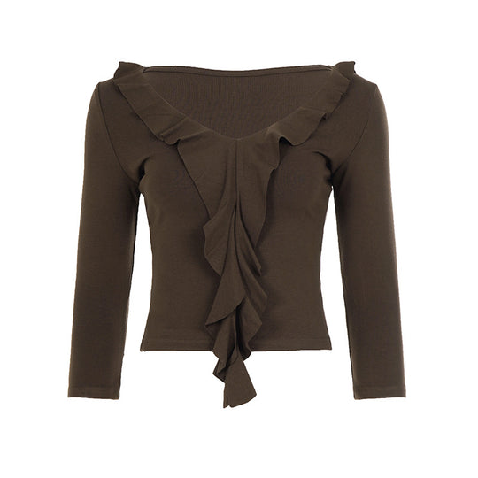 Damen nan tailliertes Langarmshirt mit tiefem V-Ausschnitt und eingesetzter Volant-Rüsche EB