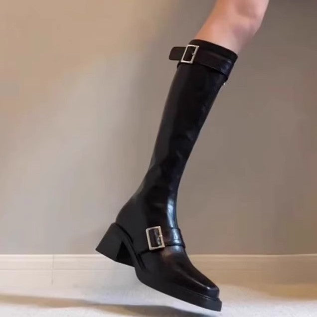 Damen modische Stiefel mit elegantem Schnallenverschluss und robustem Blockabsatz EB