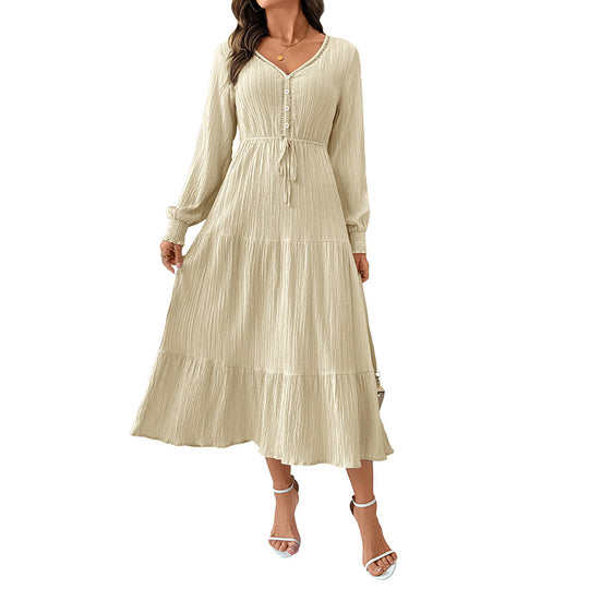 Damen Crinkle-Midikleid mit V-Ausschnitt, Knopfleiste, tailliertem Bindegürtel und Stufenrock EB