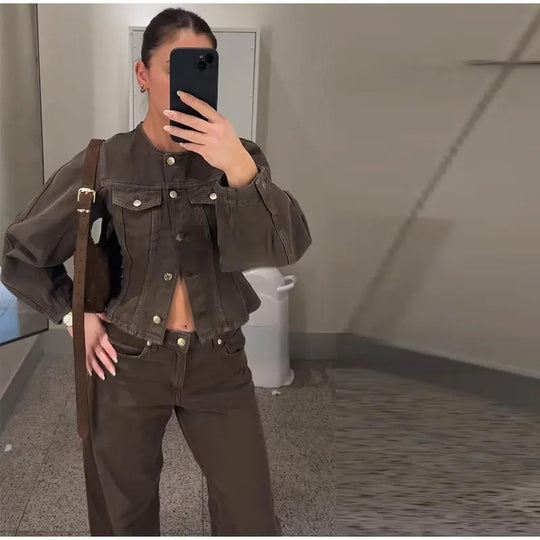Damen Modische Jeansjacke mit Puffärmeln und dekorativen Knöpfen EB