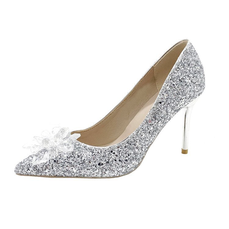 Damen glitzernde High Heels mit eleganter Blütenapplikation EB