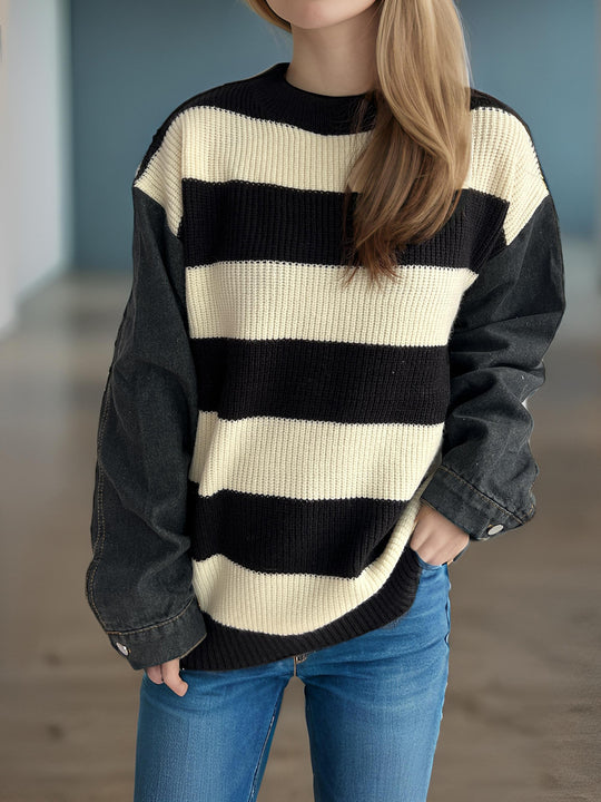 Damen lässiger Strickpullover mit auffälligem Blockstreifenmuster und weiten Ärmeln EB