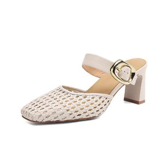 Damen elegante Mules mit modischem Geflecht und komfortablem Blockabsatz EB