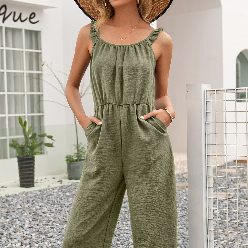 Damen luftiger Jumpsuit mit Rüschensäumen und tailliertem Bund EB