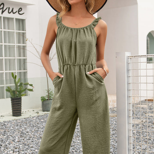 Damen luftiger Jumpsuit mit Rüschensäumen und tailliertem Bund EB