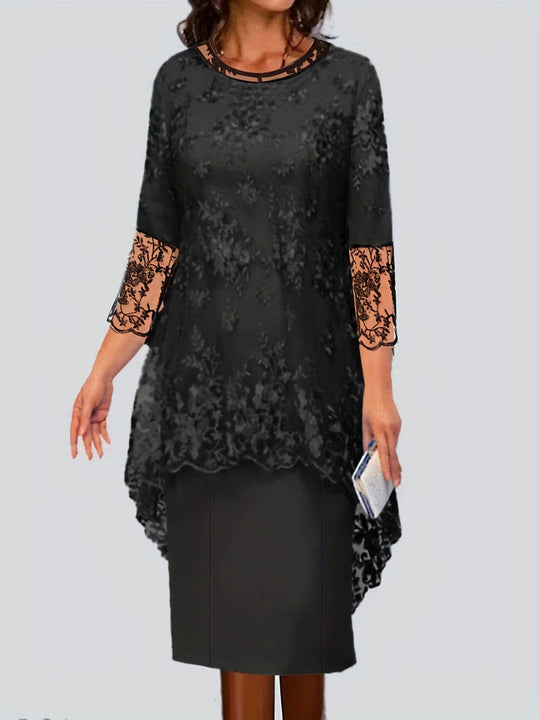 Damen Elegantes Blusen-Kleid mit floralen Spitze-Ärmeln und schwingendem Saum EB