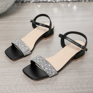 Damen Riemensandaletten mit funkelnder Strass-Applikation und elegantem Blockabsatz EB