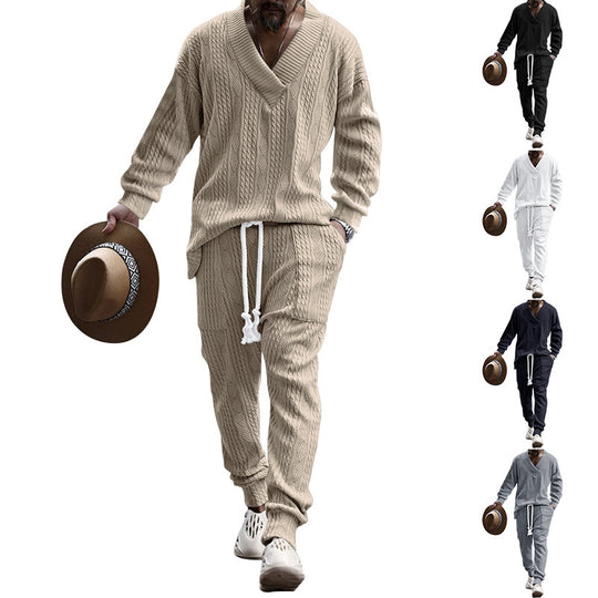 Herren nan komfortables Kabelstrick-Set mit tiefem V-Ausschnitt, Kordelzug-Jogger und Bündchen EB