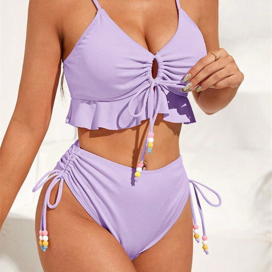 Damen Zweiteiliges Bikiniset mit gerafftem Oberteil und dekorativen Zierbändern EB