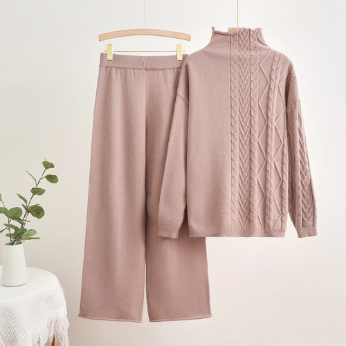 Damen gemütliches Strick-Loungewear-Set mit hochgeschlossenem Kragen EB