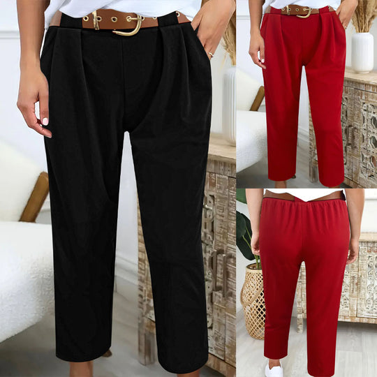 Damen Elegante High-Waist-Hose mit Falten-Details und Gürtel EB
