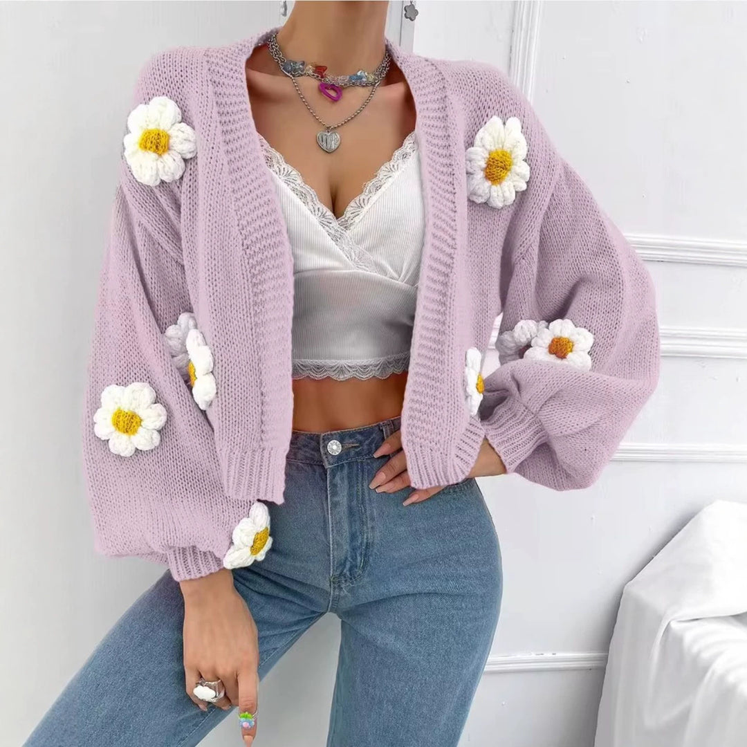 Damen Kurzgeschnittener Grobstrick-Cardigan mit 3D-Blütenapplikationen EB