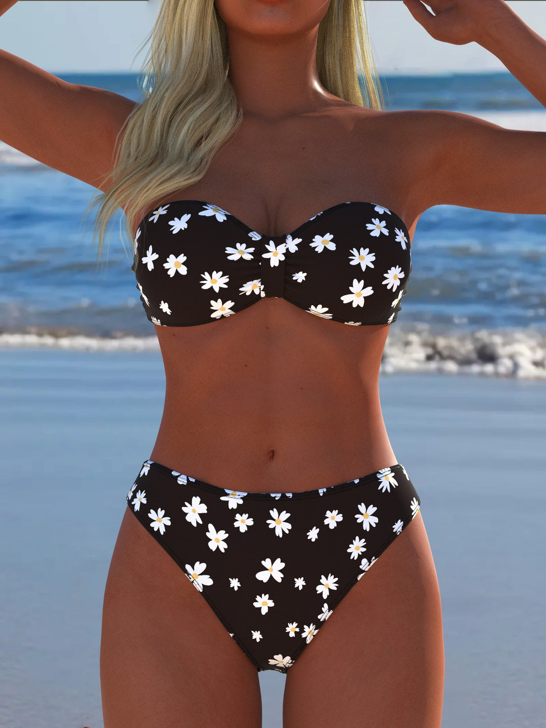 Damen Bandeau-Bikini mit floralem Design und hohem Taillenschnitt EB