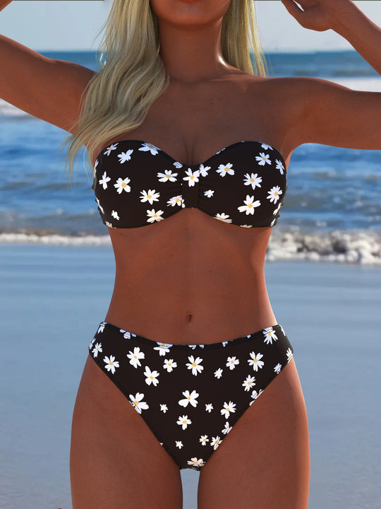 Damen Bandeau-Bikini mit floralem Design und hohem Taillenschnitt EB