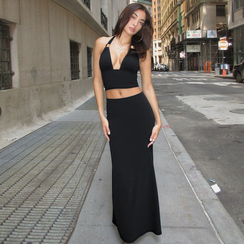 Damen Elegantes Zwei-Teiliges Set aus Crop-Top und Maxirock EB