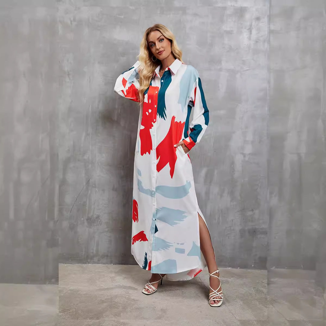 Damen Hemdblusenkleid mit farbenfrohem grafischen Muster und legere Passform EB