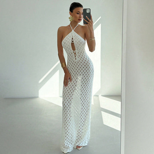 Damen Häkel-Maxikleid mit tiefer Ausschnitt EB