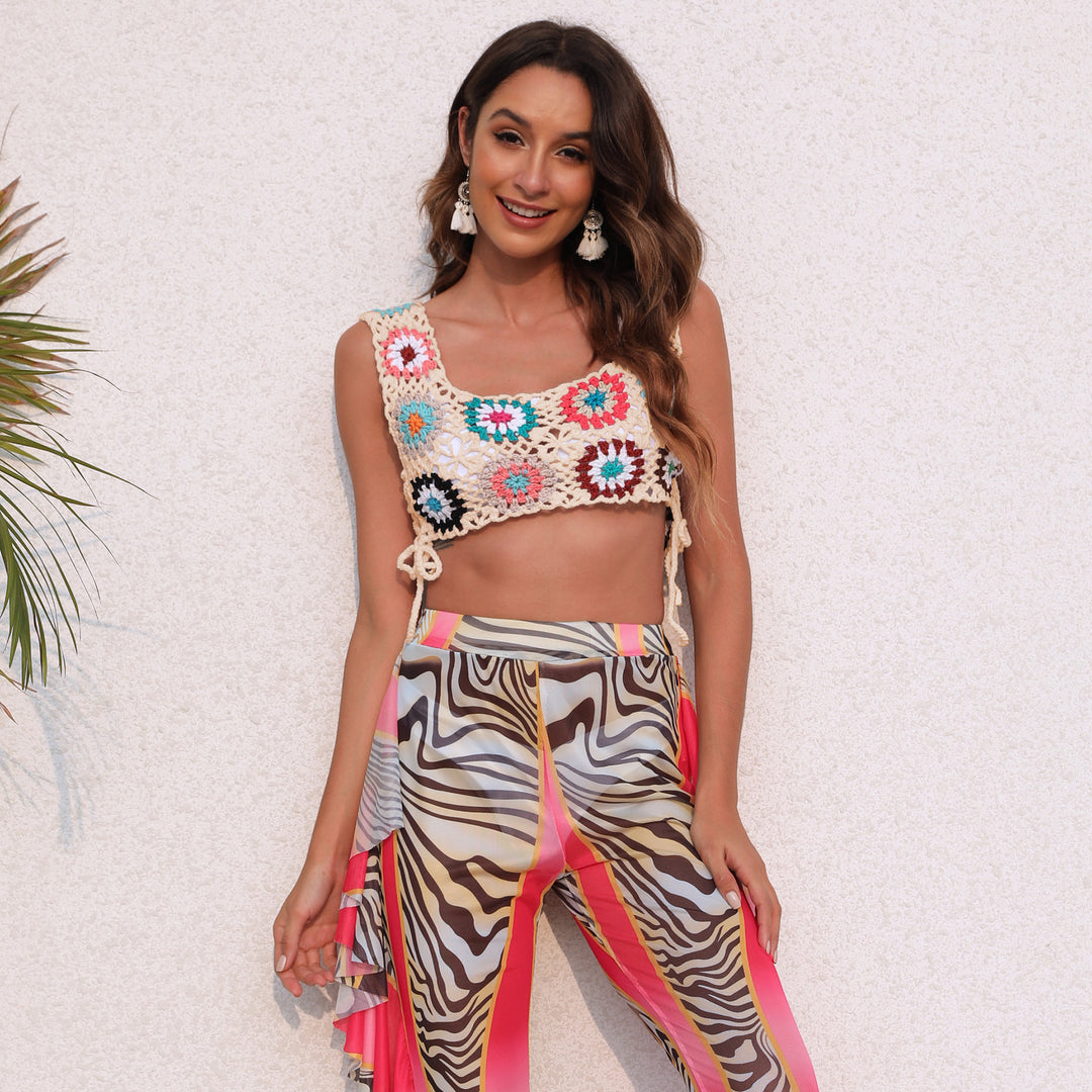 Damen gehäkeltes Crop-Top mit bunten Blumenmotiven EB