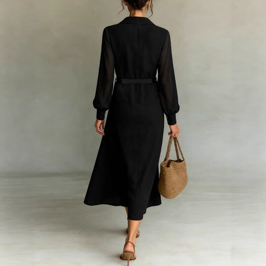 Damen Maxikleid mit transparenten Ärmeln und Taillengürtel EB