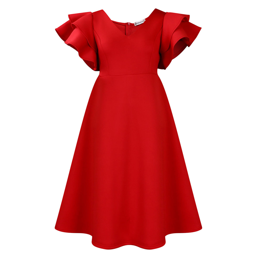 Damen Cocktailkleid A-Linie V-Ausschnitt Volantärmel