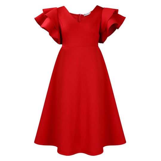 Damen Cocktailkleid A-Linie V-Ausschnitt Volantärmel