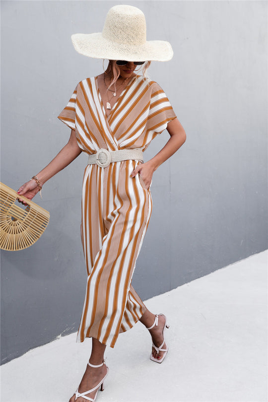 Damen eleganter Jumpsuit mit V-Ausschnitt, breiten Ärmeln und anisstreifendem Design EB