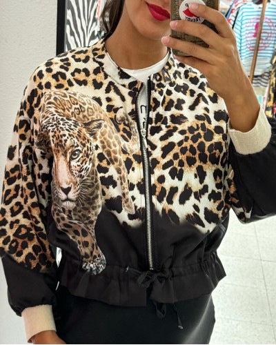 Damen entspannte Bomberjacke mit extravagantem Leoparden-Motiv EB