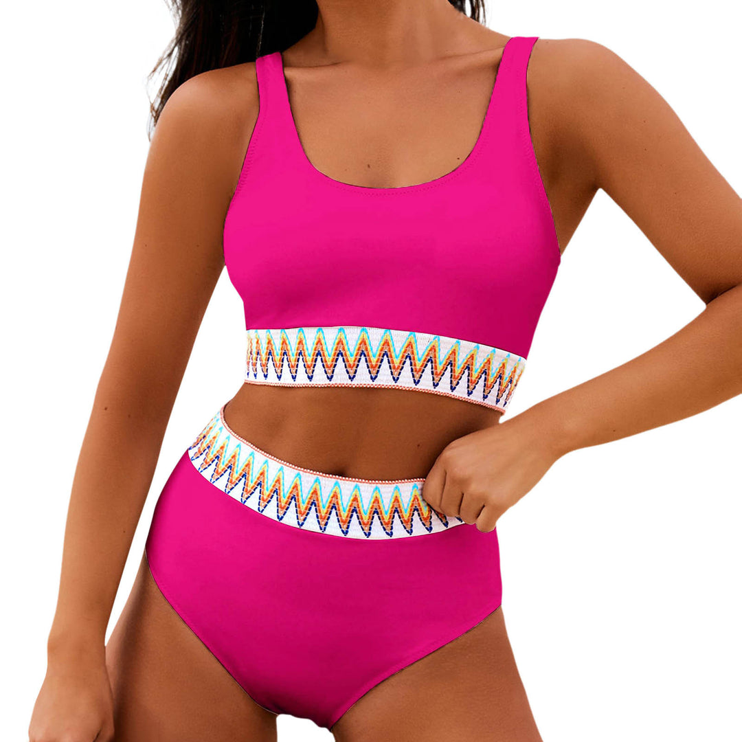 Damen Hoch tailliertes Bikini-Set mit modischem gestreiftem Bund EB