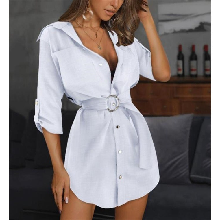 Damen Kurzarmhemd-Kleid mit Gürtel und hochwertigem Stoff EB