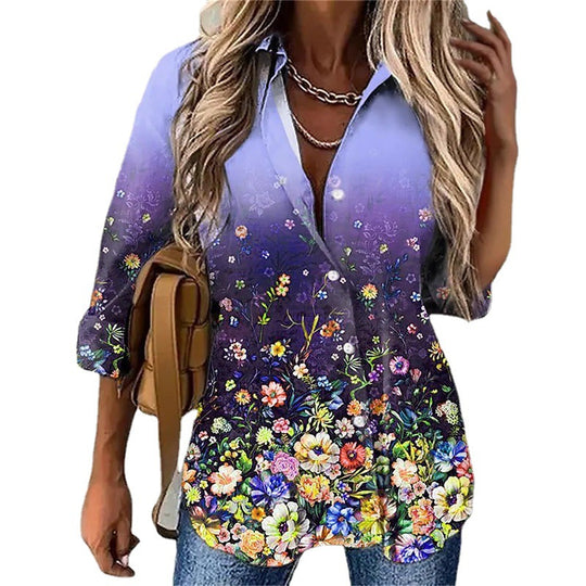 Damen Hemdbluse mit floralem Design und elegantem Farbverlauf EB