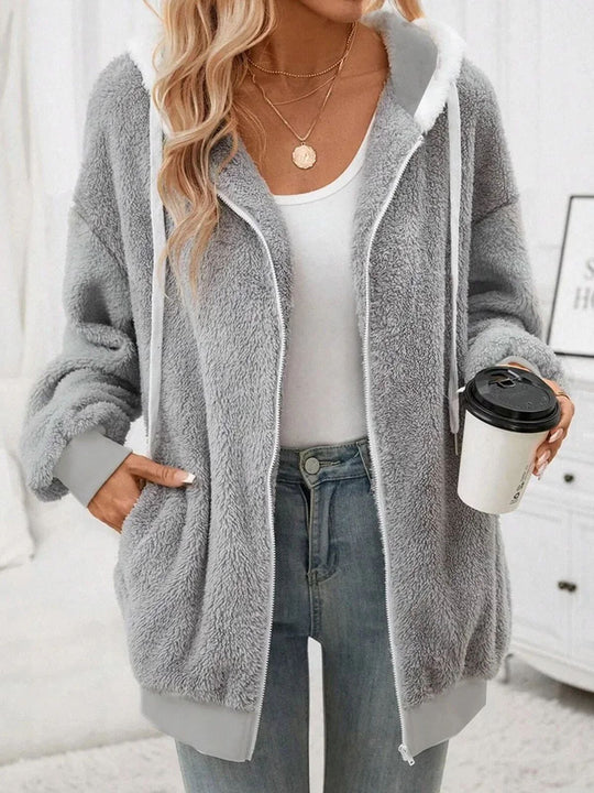 Damen Kuschelige Teddy-Fleece-Kapuzenjacke mit Reißverschluss und Oversized-Schnitt EB