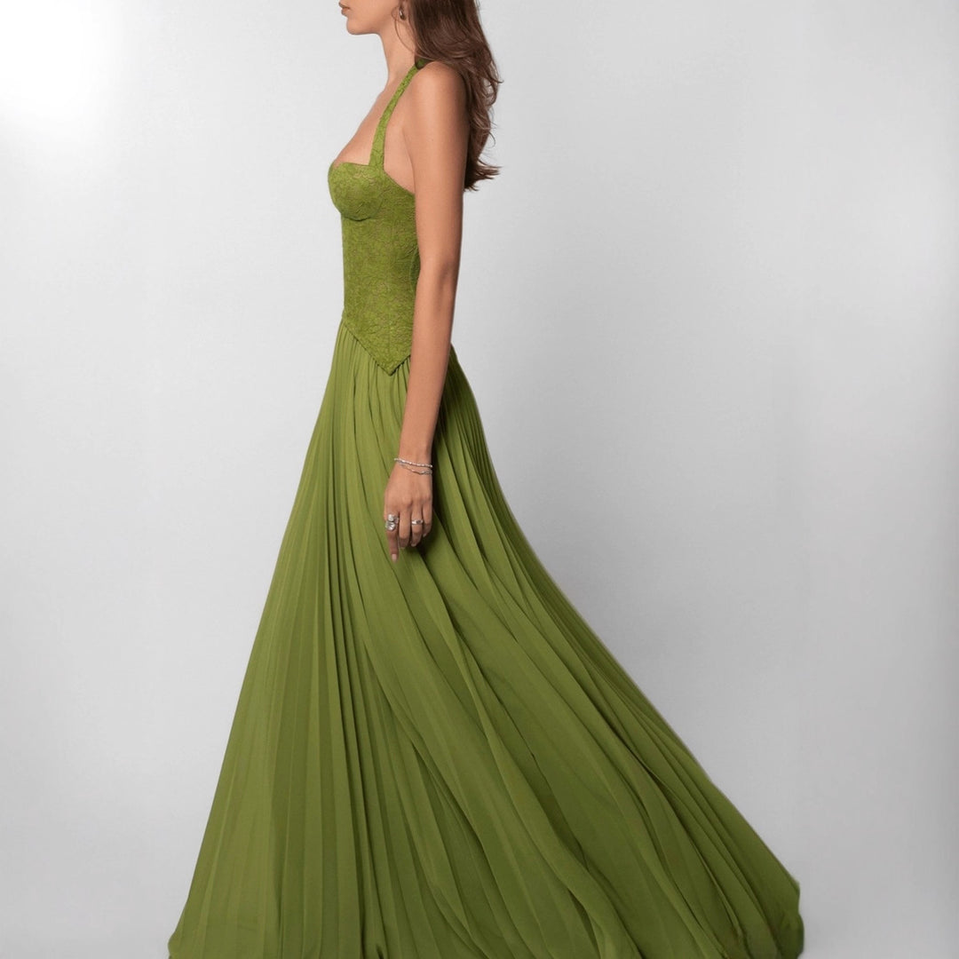 Damen nan elegantes Abendkleid mit Spitzenkorsett und plissiertem Maxirock EB