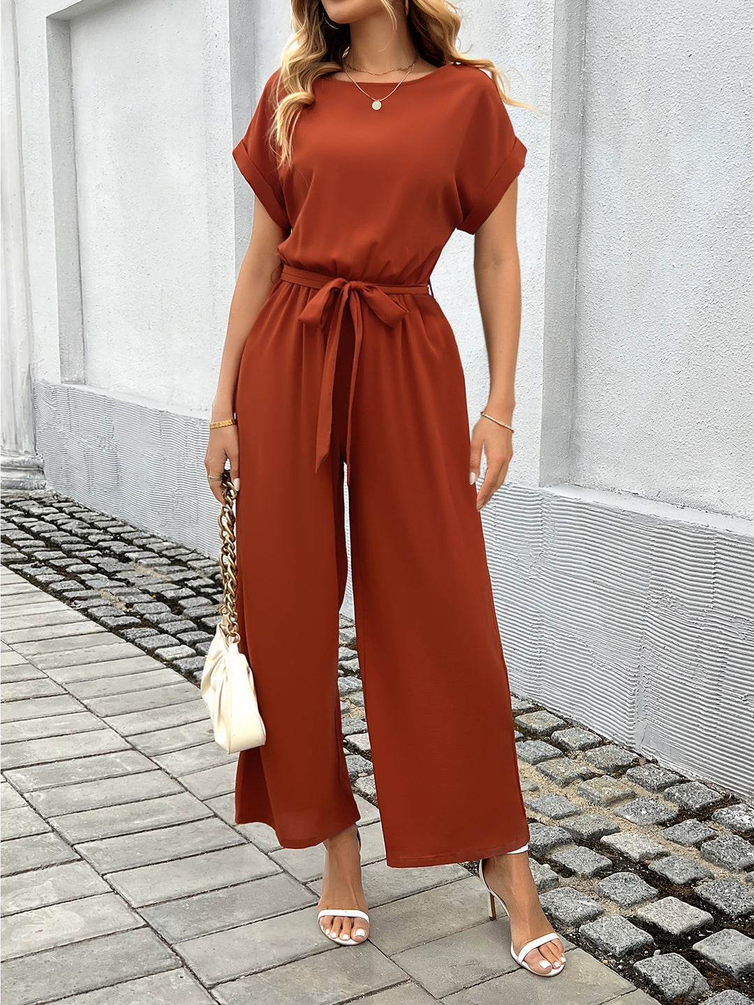 Damen Eleganter Jumpsuit mit Taillengürtel EB