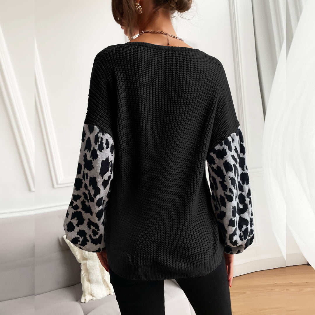 Damen Strickpullover mit modischem Leopardenmuster an den Ärmeln EB