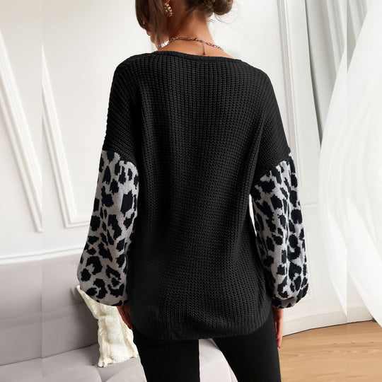 Damen Strickpullover mit modischem Leopardenmuster an den Ärmeln EB