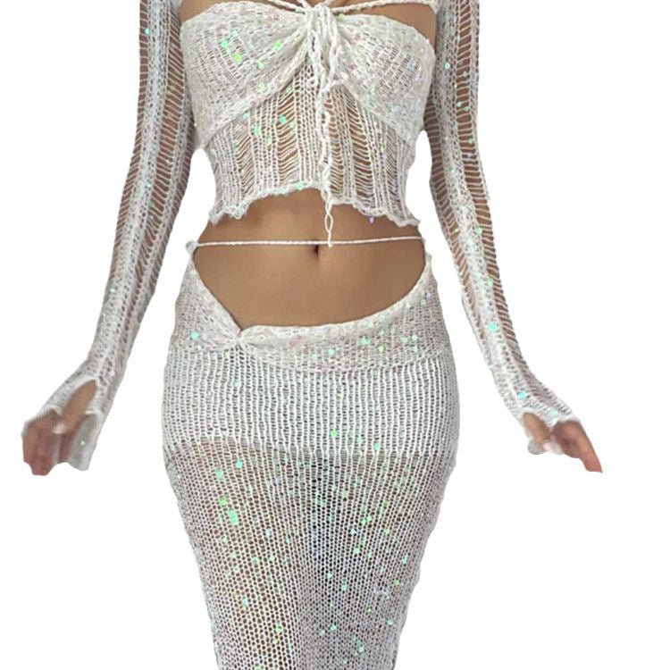 Damen Funkelnde Netzhose mit glitzernden Pailletten und elegantem Design EB