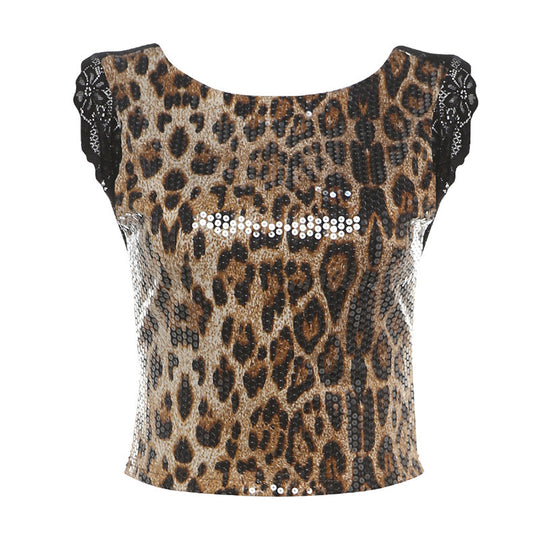 Damen Elegantes Leopardenmuster Kleid mit Glitzersteinen EB