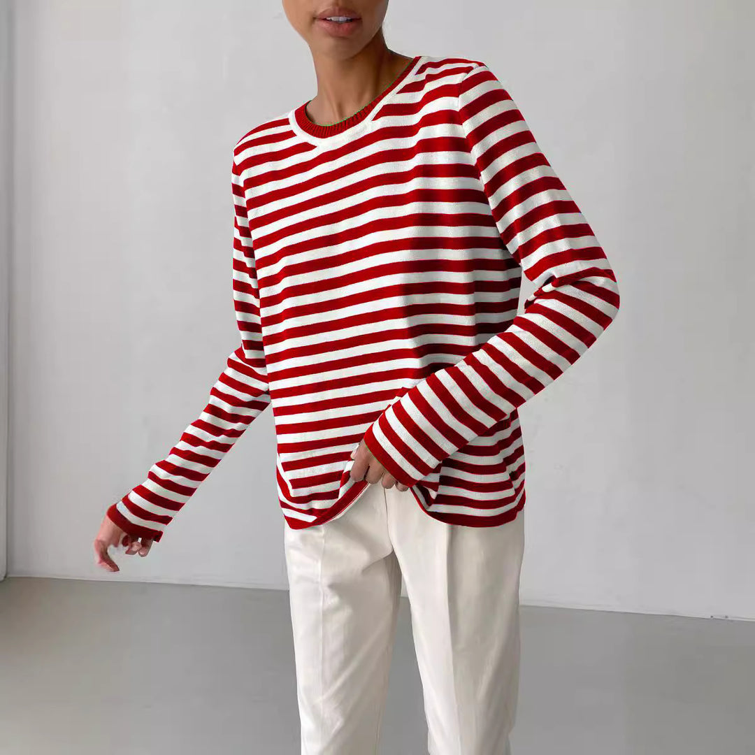 Damen nan gestreifter Baumwollpullover mit Rundhals und legerer Passform EB
