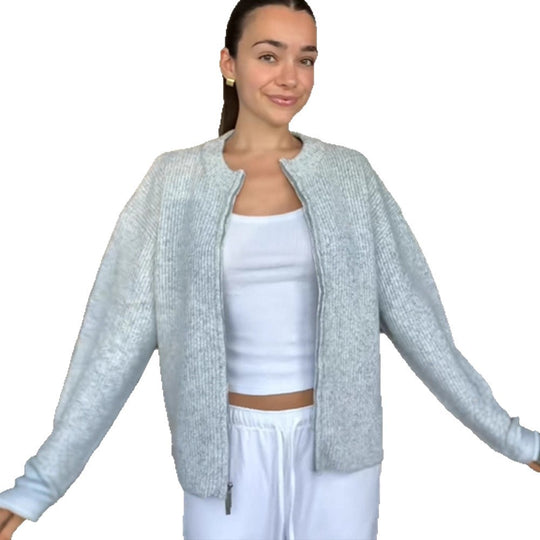 Damen kuschelige Strickjacke mit hohem Kragen und Reißverschluss EB