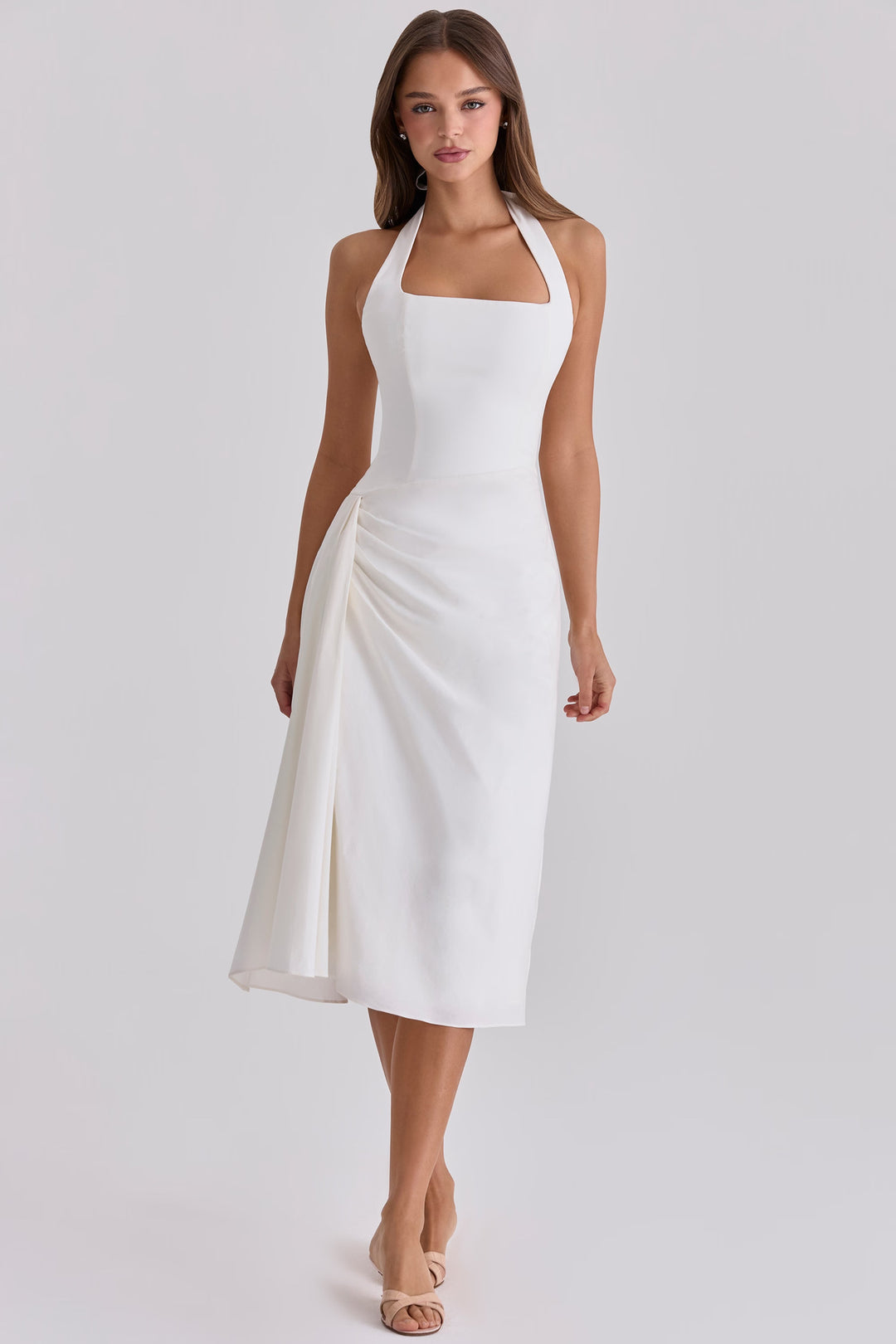 Damen Cocktailkleid mit seitlicher Drapierung und Halterneck-Design EB