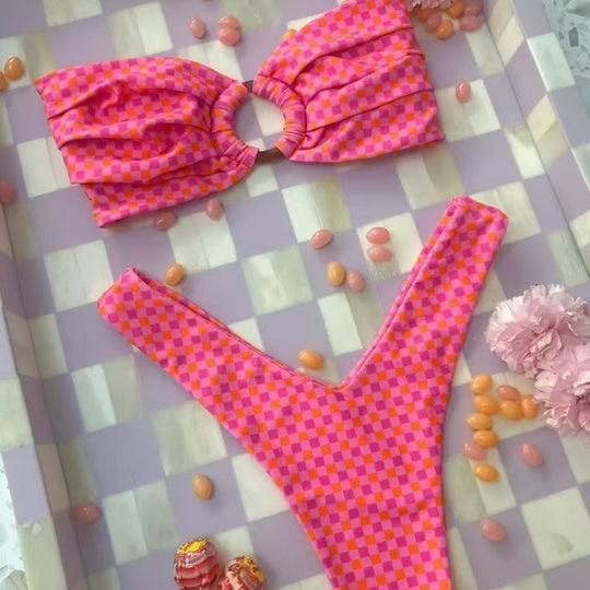 Damen Bandeau-Bikini mit Blumenmuster und Schlaufen-Detail EB