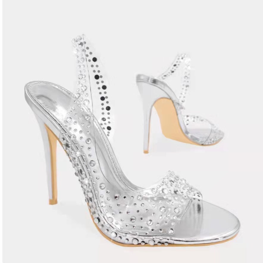Damen Glamouröse High Heel Sandalen mit funkelndem Strassbesatz EB
