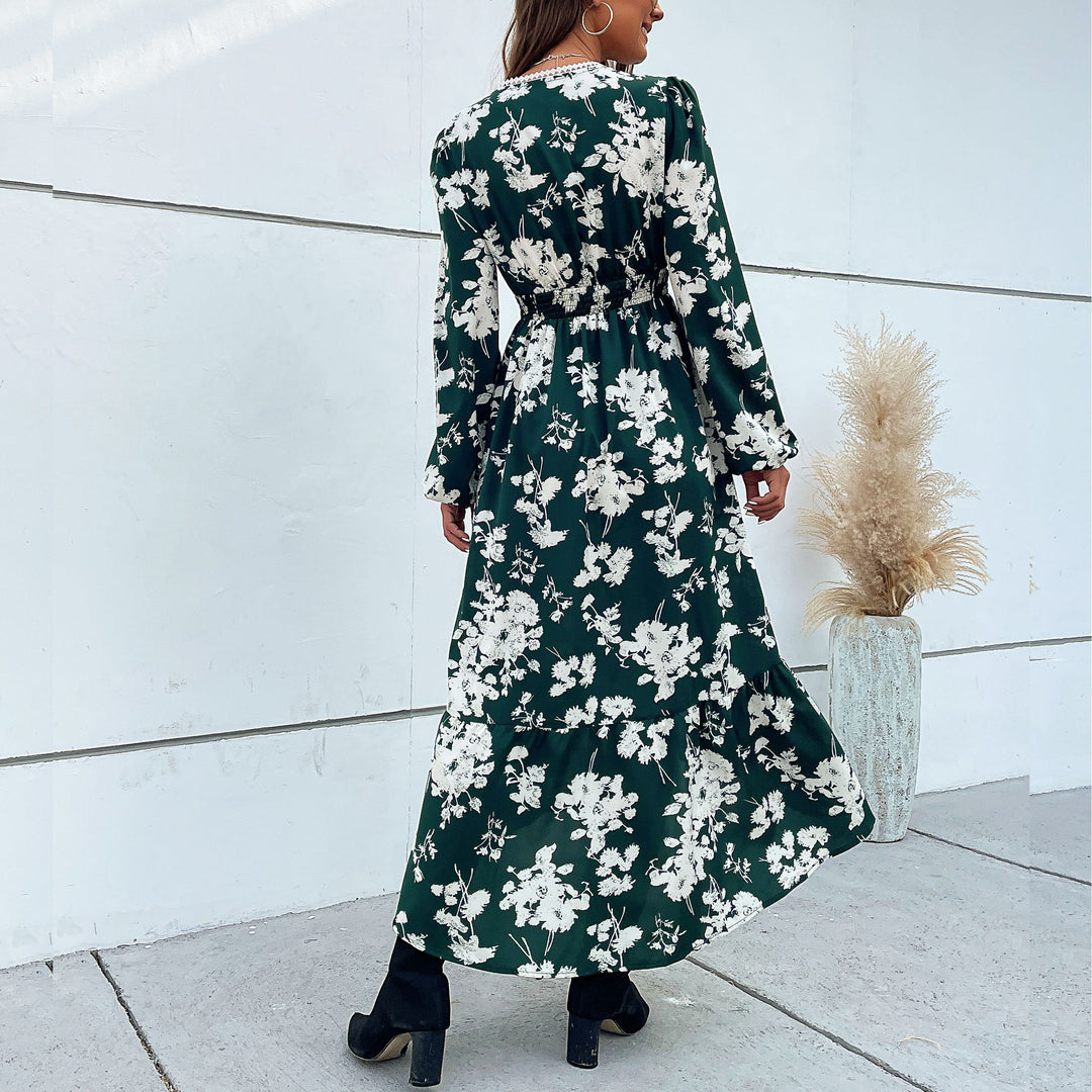 Damen elegantes Maxikleid mit floralem Design und schwingendem Saum EB