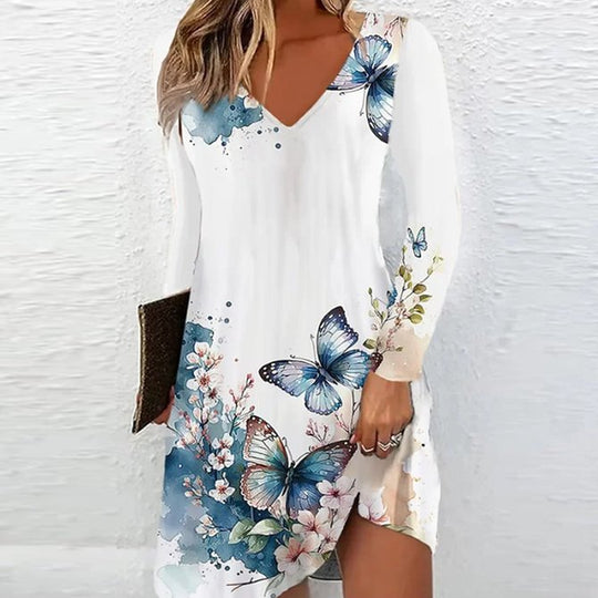 Damen V-Ausschnitt Kleid mit floralen Akzenten und langen Ärmeln EB
