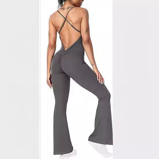DamenSportlicher Jumpsuit mit schickem U-Ausschnitt und flared Beinen EB