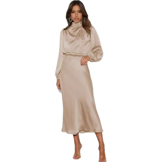 Damen Elegantes Satin-Midikleid mit Stehkragen, Blouson-Oberteil und fließendem Rock EB