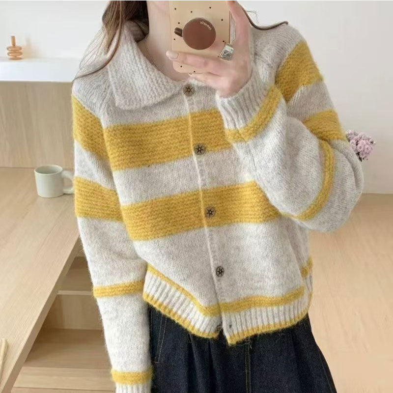 Damen Strickjacke mit dekorativem Kragen und modischen Streifen EB